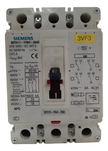 Disjuntor Tripolar 63a Siemens 3vf3111-1fn41-0aa0 600vac